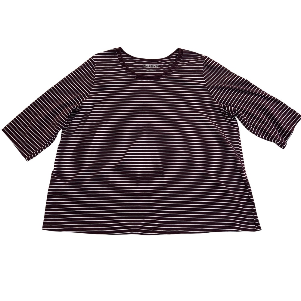 Catherines Suprema Burgundy Striped‎ 3/4 Sleeve Mesh Trim Top 2X 22/24W